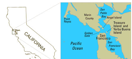 Map showing locations of Yerba Buena Island and Treasure Island in San Francisco Bay