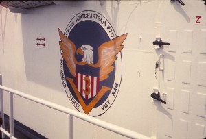 Photo of Squadron Three insignia aboard U.S. Coast Guard cutter PONTCHARTRAIN, Vietnam, 1970.