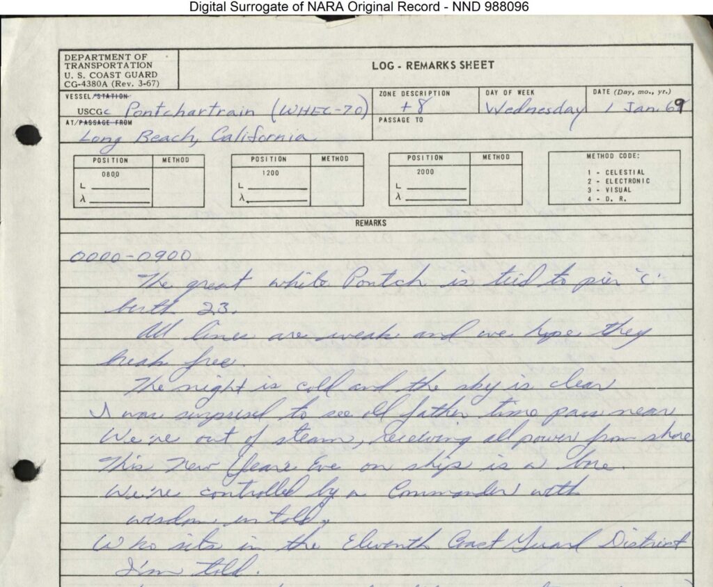 January 1, 1969, log book entry in verse for USCGC Pontchartrain (WHEC-70)